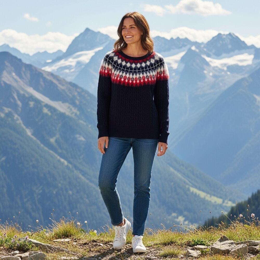 Tommy Hilfiger Women's 1X Fair Isle Cable Knit Sweater Navy Blue Red White
